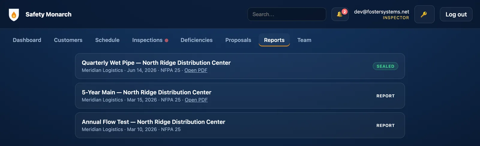 Completed NFPA 25 reports with a hash-chain sealed badge